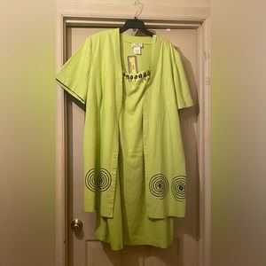 3 piece lime green dress and coat ensemble.